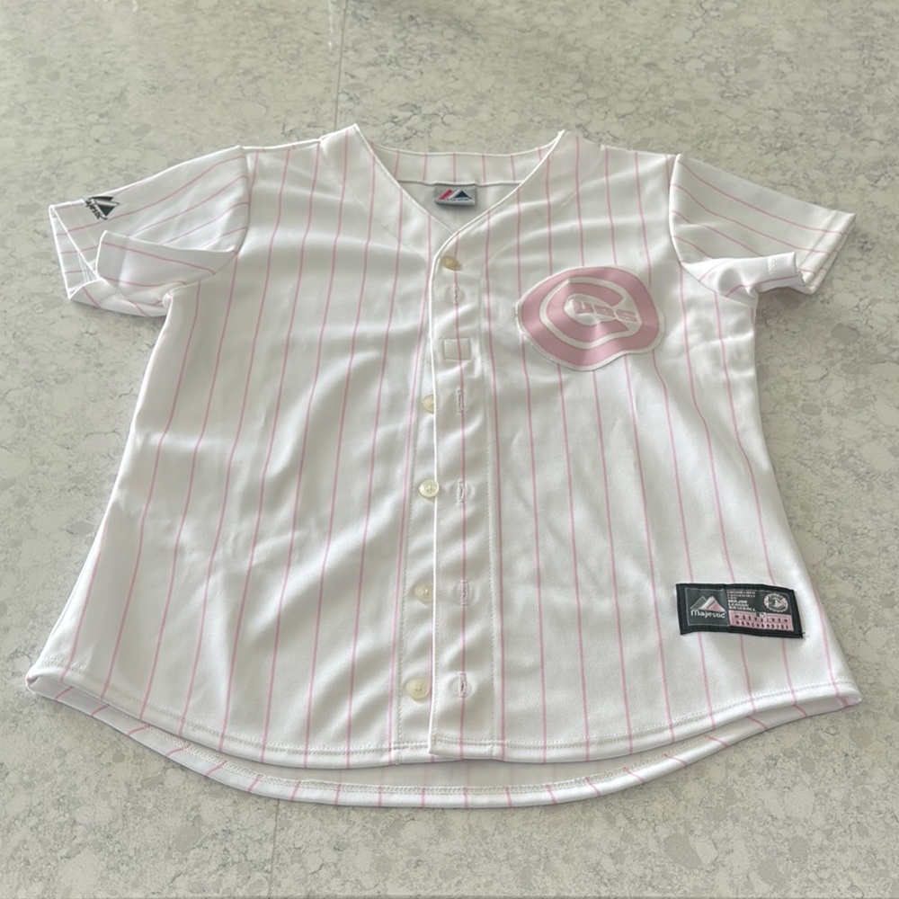 Cubs Jersey Majestic White and Pink Kids Baseball Jersey